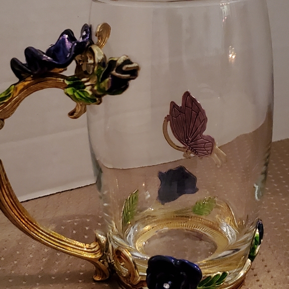 ARC-350 France Clear Glass Tea/Coffee Jeweled Enamel Floral & Butterfly Mug - Picture 4 of 10
